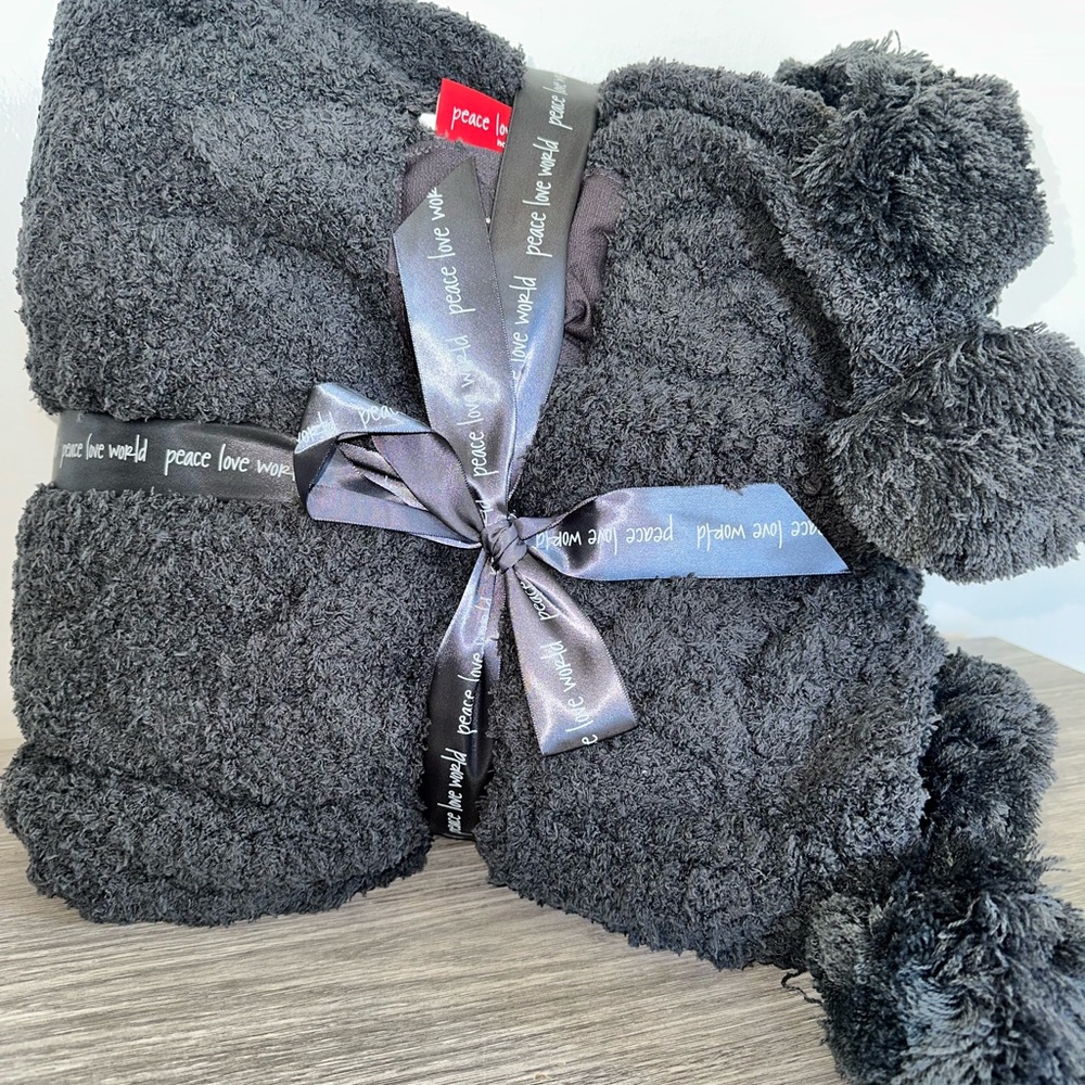 Peace Love World Charcoal Blanket with Pom-Poms